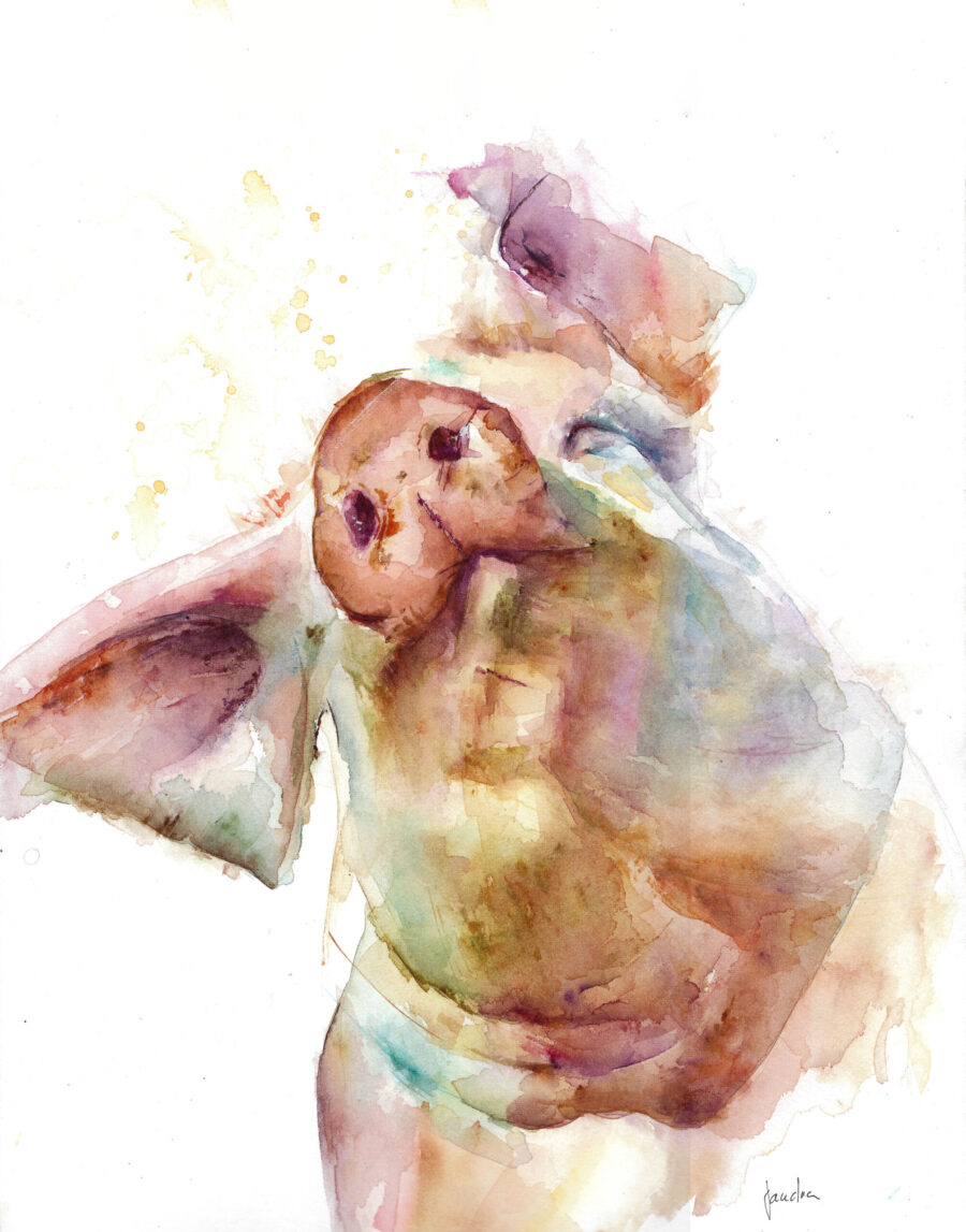 Acuarela abstracta de un cerdo en tonos tierra y suaves, con pinceladas expresivas y fondo blanco.