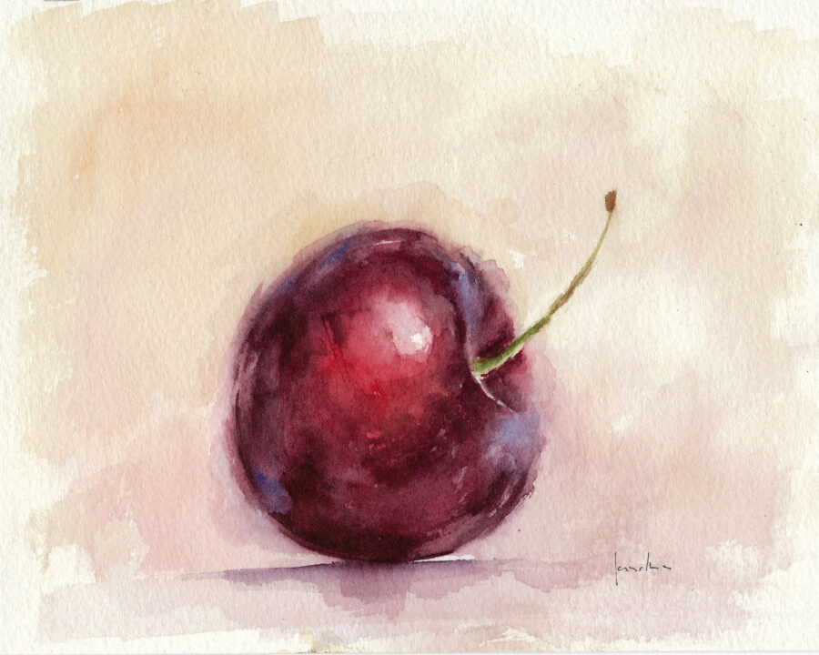 Pintura en acuarela de una cereza, destacando su color vibrante y detalles delicados sobre un fondo suave. Obra original de Sandra Aguilar.