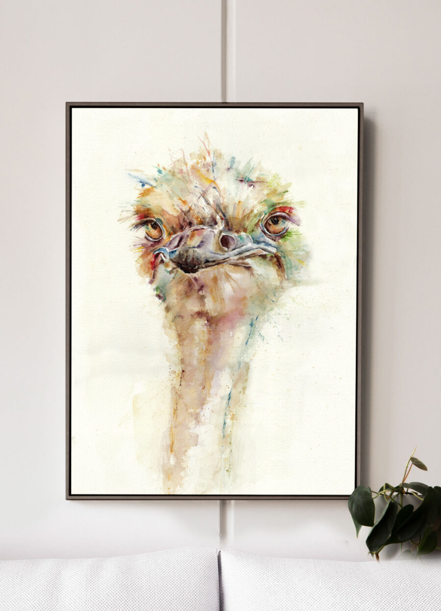 Acuarela de un avestruz con una mirada expresiva, trazos vibrantes y colores suaves, enmarcada en un diseño moderno