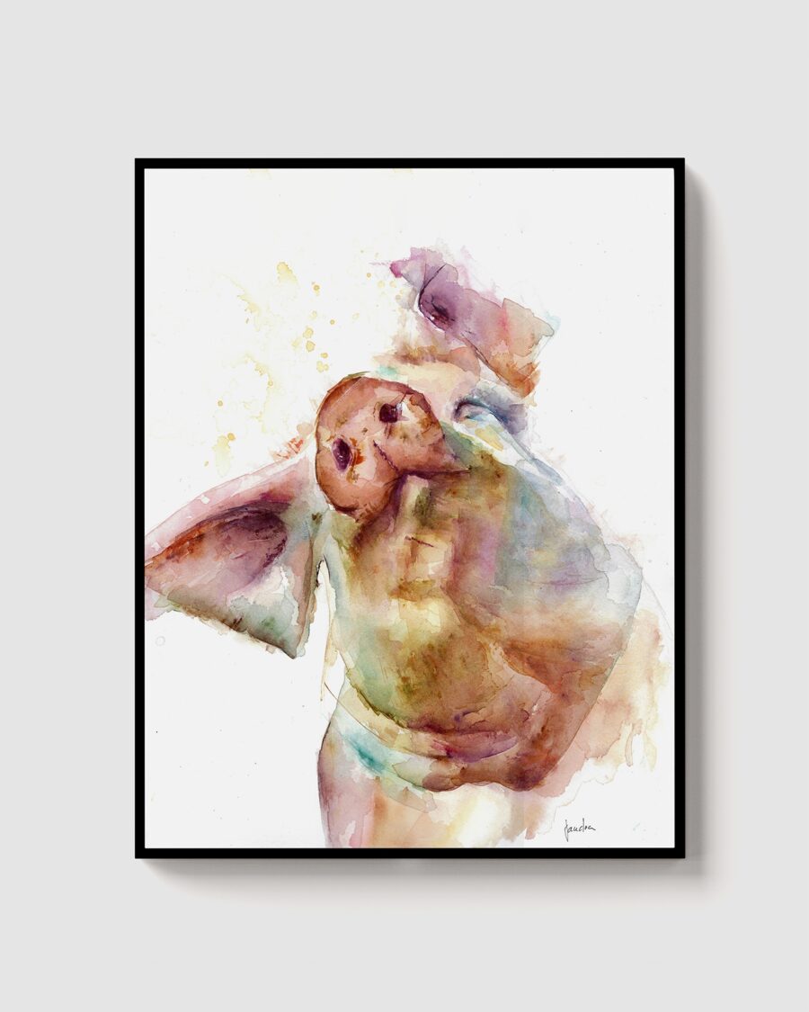 Acuarela abstracta de un cerdo en tonos tierra y suaves, con pinceladas expresivas y fondo blanco.