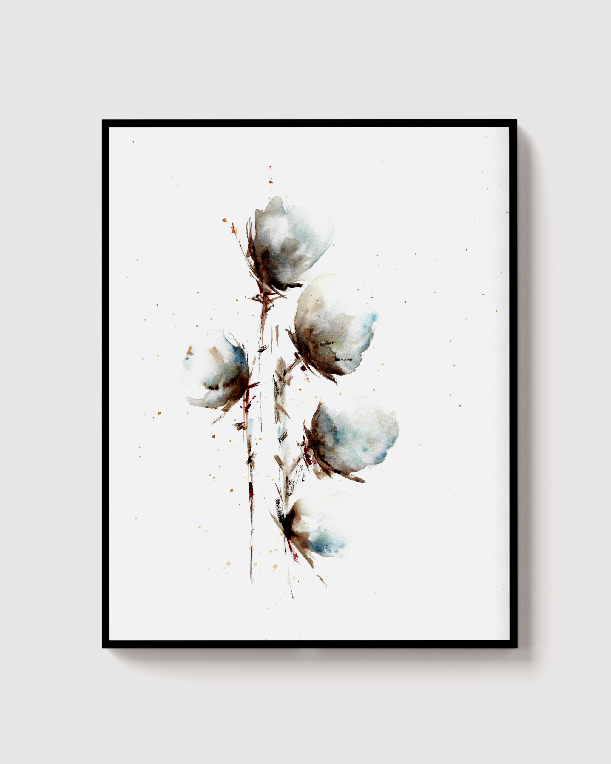 Acuarela minimalista de ramos de algodón en tonos blancos y marrones sobre fondo blanco, estilo contemporáneo.