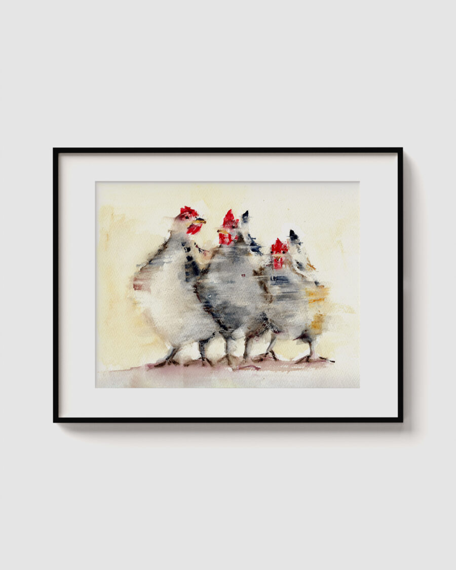 Acuarela de cuatro gallinas en fila con tonos grises y crestas rojas, enmarcada en fondo blanco.