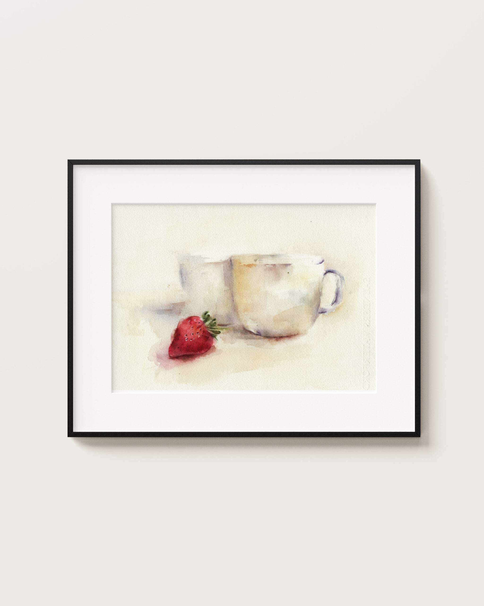 Acuarela artística de un tazón blanco con cerezas rojas sobre fondo claro, pintada en estilo moderno y delicado.