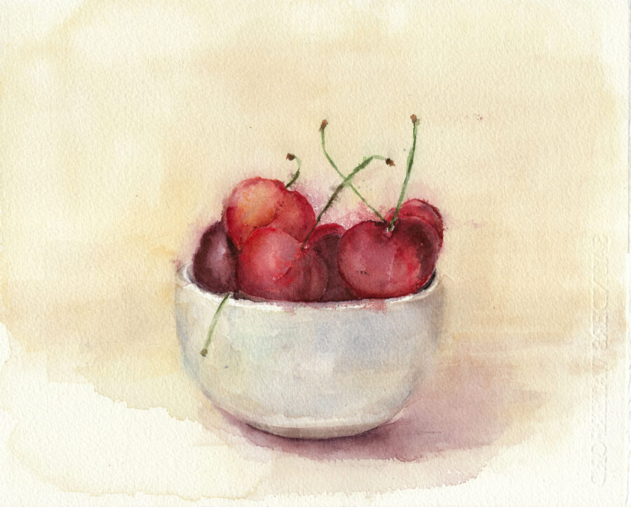 Acuarela artística de un tazón blanco con cerezas rojas frescas, pintadas con técnica delicada sobre fondo claro.